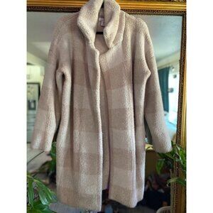 Cozy Long Beige Checkered Fleece Cardigan Jacket Soft Open Front Lounge Wear